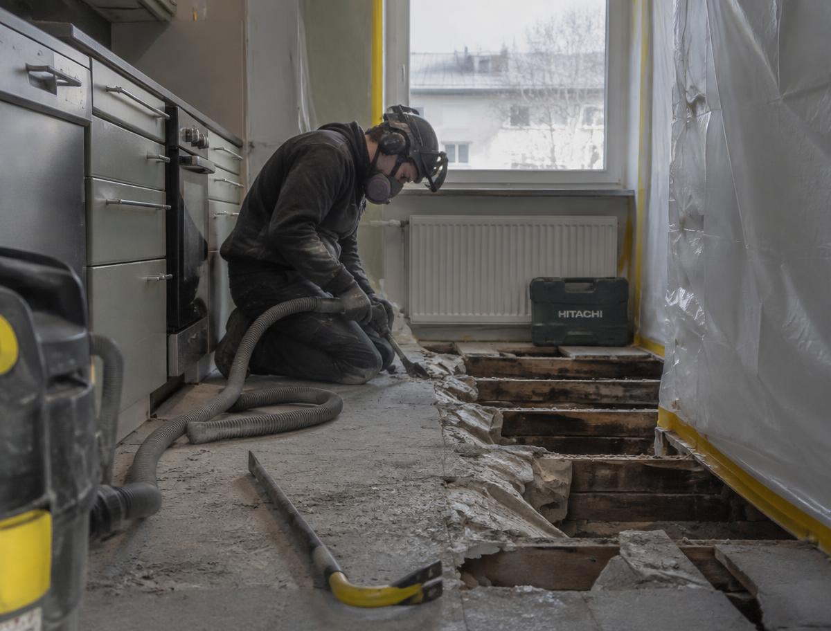 Hallittu purkutyö keittiön vaurioituneessa lattiarakenteessa